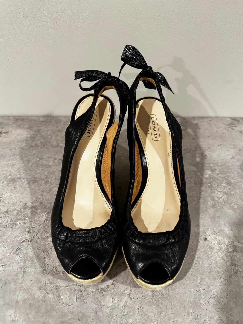 Coach Maritza Black Leather Peep-Toe Wedge Slingbacks with Ankle Ties